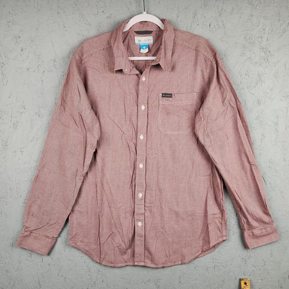 Columbia Shirt Mens Large Red White Long Sleeve Button Down Stretch Houndstooth